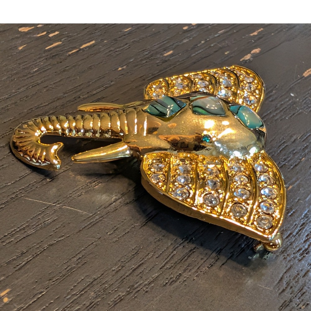 Gold Tone Elephant‎ Head Brooch Rhinestone Abalone Shell Inlay Safari Pin - Picture 7 of 12